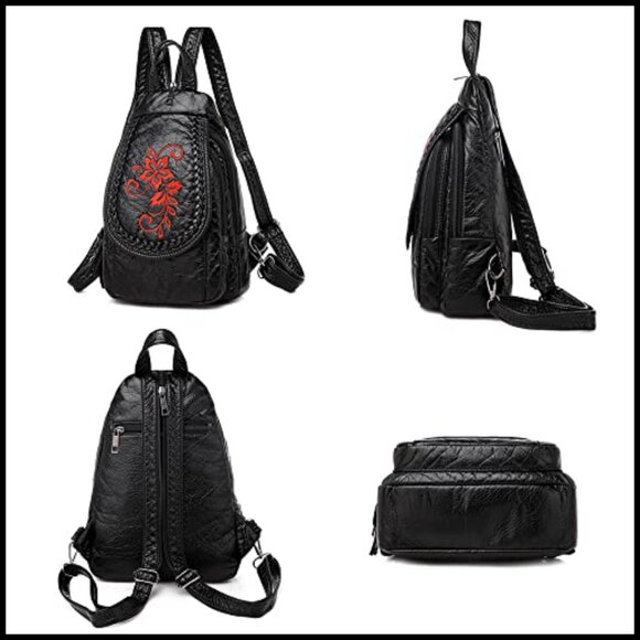 Vintage Embroidered PU Leather Backpack Purse Travel Bag Elegant Daypack